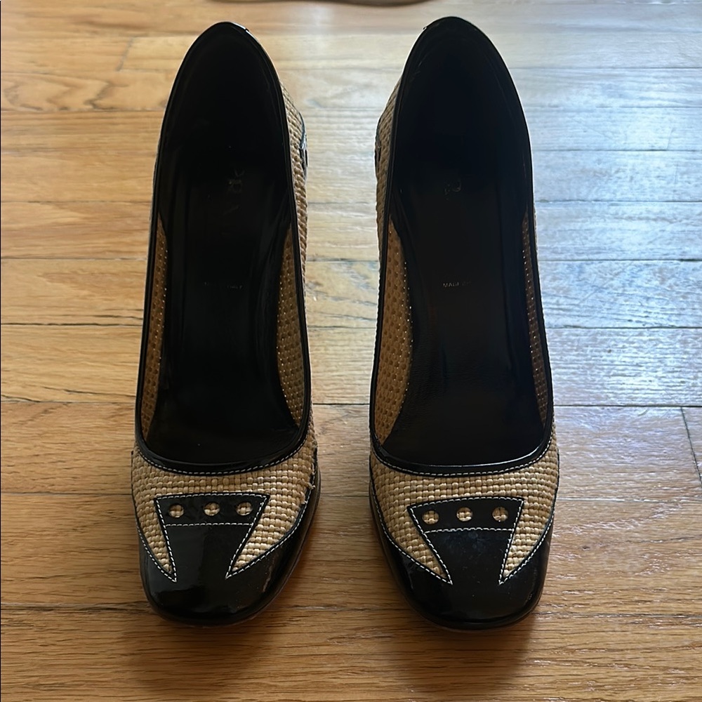 Prada Black and Tan Heels with Classic Design